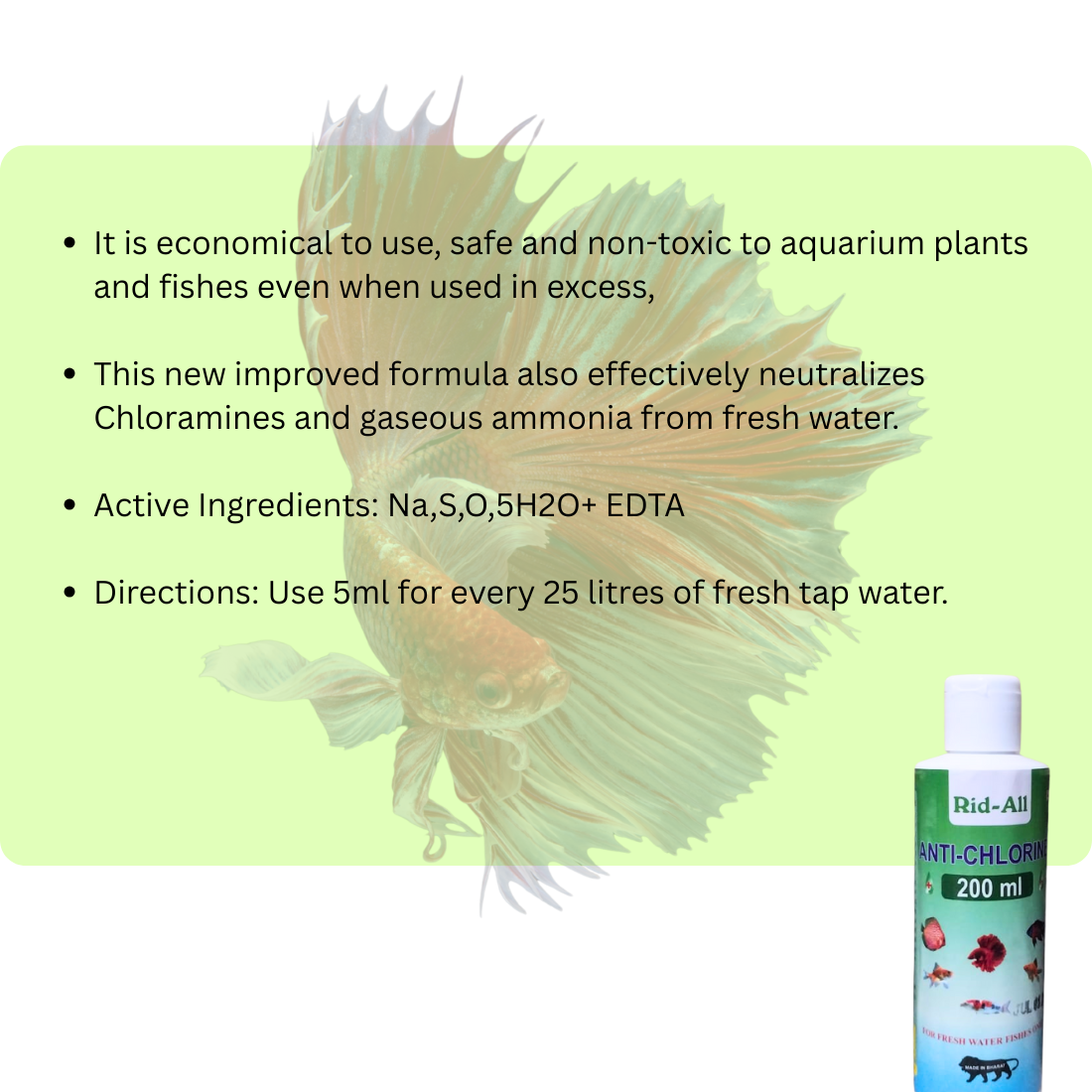 It is economical to use, safe and non-toxic to aquarium plants and fishes even when used in excess, E This new improved formula also effectively neutralizes Chloramines and gaseous ammonia from fr