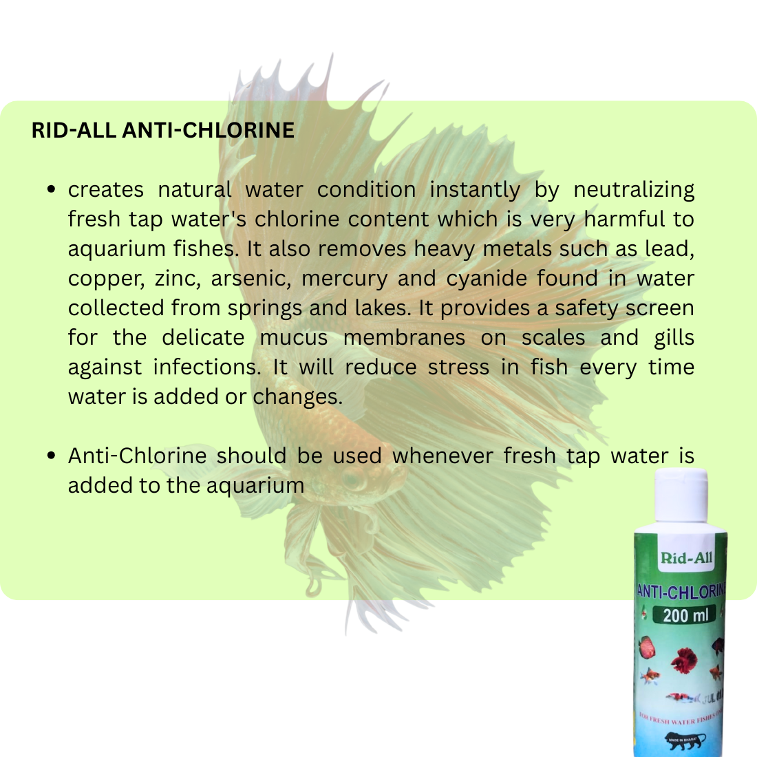 RID-ALL ANTI-CHLORINE creates natural water condition instantly by neutralizing fresh tap water's chlorine content which is very harmful to aquarium fishes. It also removes heavy metals such as le (1)